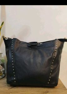 Chic Studded Black Leather Hobo Bag
