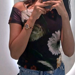 Black Floral Print One Shoulder Top