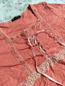 Coral Lace Trimmed Peasant Top