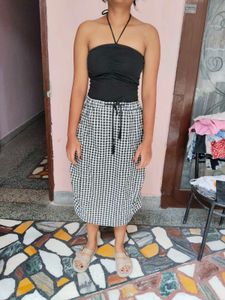 Gingham Checked Midi Skirt with Pockets