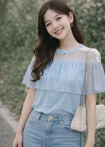 Chic Blue Ruffle Top with Lace Detail