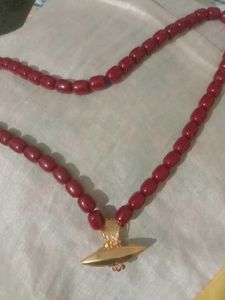 Red Beaded Necklace with Gold Pendant