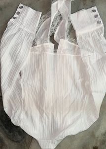 White Sheer Lace Trim Cropped Blouse