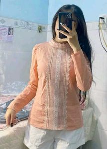 Peach Lace Trimmed Mock Neck Blouse