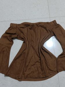Chic Brown Off-shoulder Top With Bead Detailing