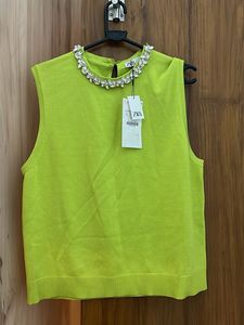Zara Lime Green Bejeweled Sleeveless Top