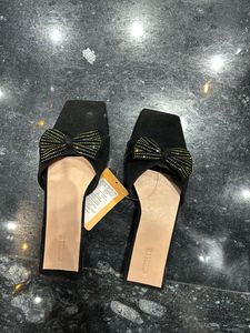 Black Embellished Open Toe Flats