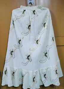 Floral Top, Elegant Cream &amp; Green Long Skirt
