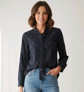 Elegant Navy Blue Tie-Neck Blouse