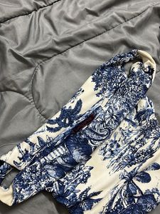 Blue and White Printed Ruched Top