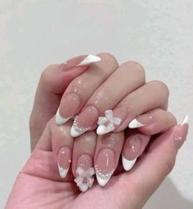Elegant French Tip Bow Nails &amp; jhumka