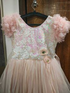 Sparkling Pink Tulle Gown with Ruffle Sleeves