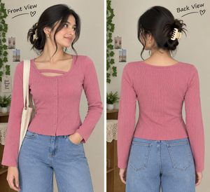 Pink Ribbed Cutout Long Sleeve Top