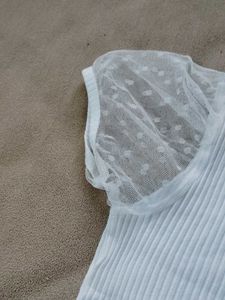 White Ribbed Top with Puff Sleeves