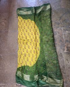 Vibrant Yellow &amp; Green Block Print Saree
