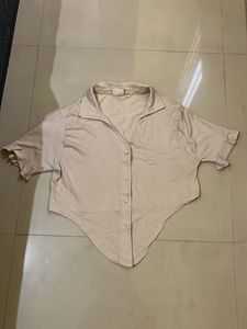 Cream Cropped Collared Button-Up Top