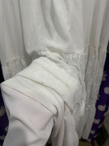 White Tiered Embroidered Gown with Red Scarf