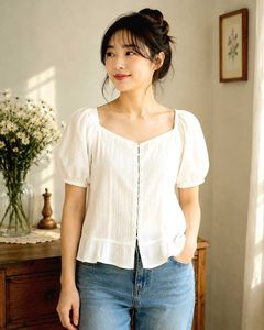 White Puff Sleeve Button-Up Top Size-36