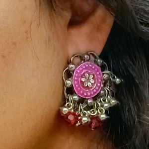 Vintage pink and red silver jhumka