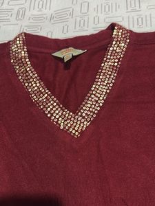 Burgundy Embellished V-Neck Top New