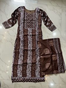 Elegant Brown &amp; White Printed Kurta Set