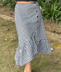 Checkered Ruffle Hem Midi Skirt