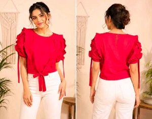 Chic Red Puff Sleeve Tie-Front Top