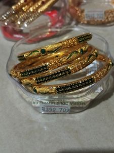 D1gram Gold Covering Bangles With Green Stone
