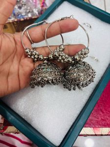 2 pis Oxidized Silver Jhumka Hoop Earrings