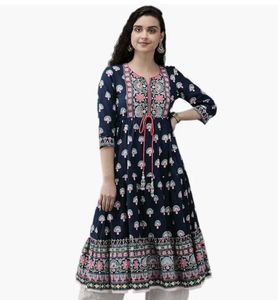 Rain & Rainbow Navy Blue Printed  Anarkali Kurta