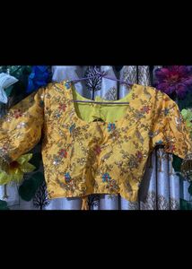 Yellow Embroidered Blouse with Tassel Tie-up