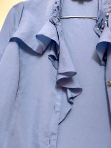 Blue Ruffled Button-Up Shirt