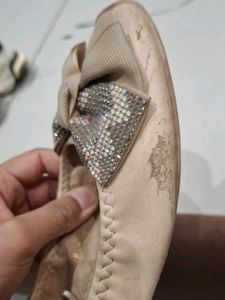 Girls Beige Rhinestone Bow Ballet Flats