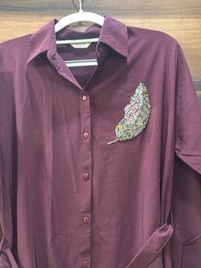 Maroon Shirt Dress with Embellishment