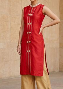 Vibrant Red Silk Kurta with Embellishments