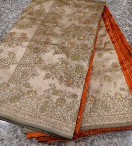 Orange Striped Saree with Embellishments