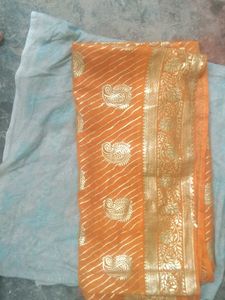 Vibrant Orange Saree with Gold Border