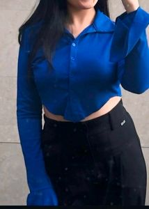 Blue Ribbed Cropped Blouse
