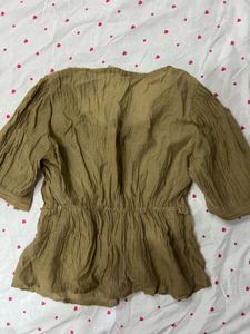 brown  Crinkled Tie-Neck Top