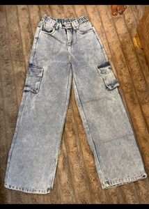 Women's Acid Wash Wide Leg Cargo Jeans