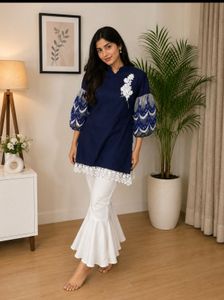 Navy Blue Kurta with White Flared Pants