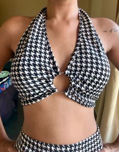 Houndstooth Halter Neck Crop Top