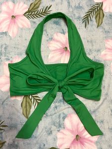 SHEIN Green Halter Neck Front-Tie Top