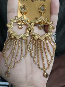 Gold Plated Stone Studded Long Dangler Earrings