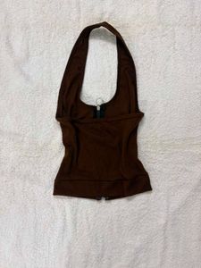 Brown Halter Neck Zip-Up Top