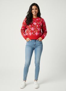 Floral Print Red Knit Sweater