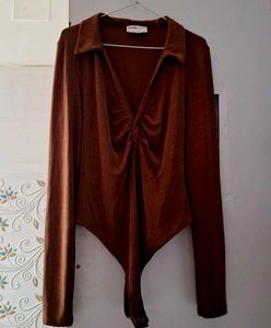 Brown Ruched Long Sleeve Bodysuit