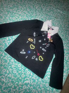 Embellished Black Top with White Collar