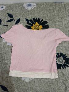 Pink Ribbed Henley Top with Cream Layer