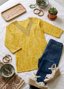 shorts kurti Sunny Yellow Embroidered Tunic Top